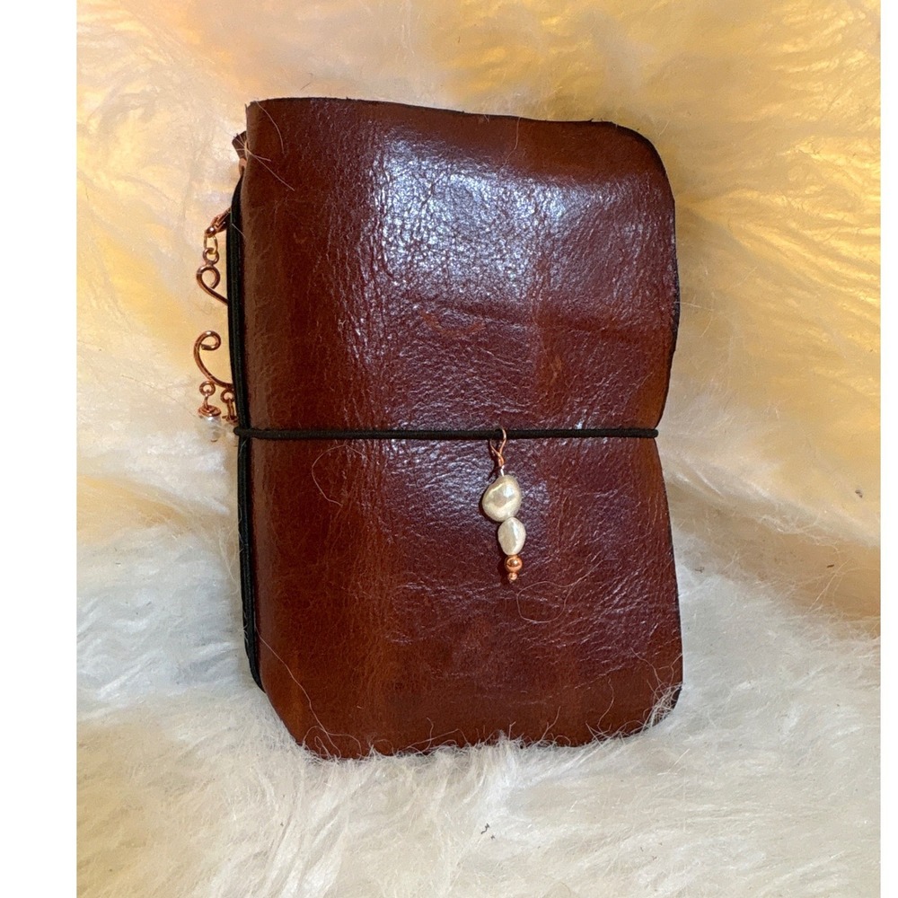 Handmade Leather Travelers Notebook Brown Pearl Charm Journal Refillable